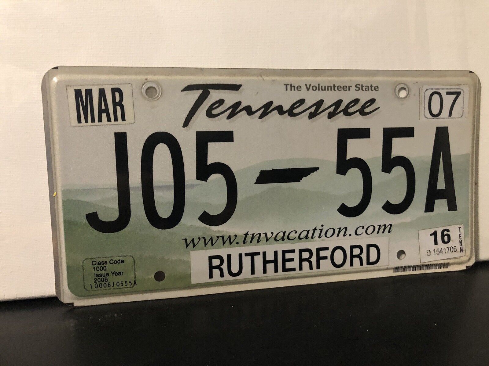 2007 Tennessee License Plate Rutherford J05 55A