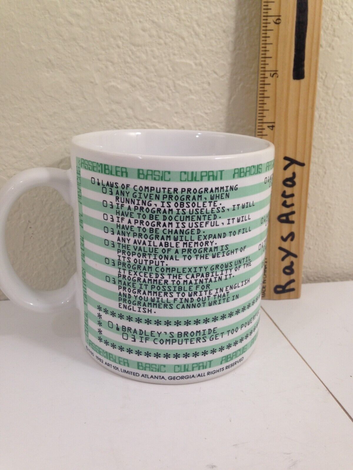 Novelty Computer Programmer Bradley\'s Bromide Coffee Mug Vtg Japan green white