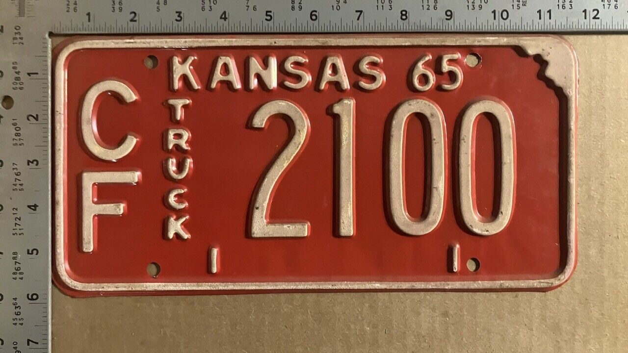 1965 Kansas truck license plate CF 2100 YOM DMV Coffey tough paint year 11518