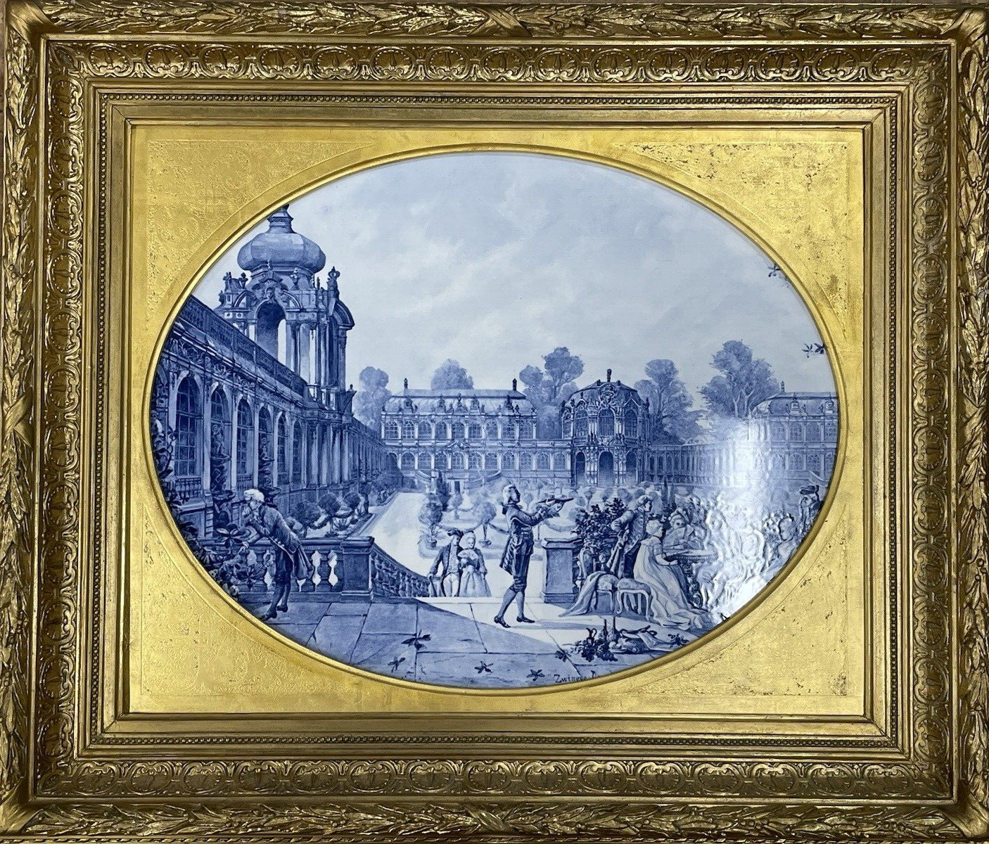 Large Framed Blue & White Porcelain Plaque of Zwinger Palace, Dresden Germany