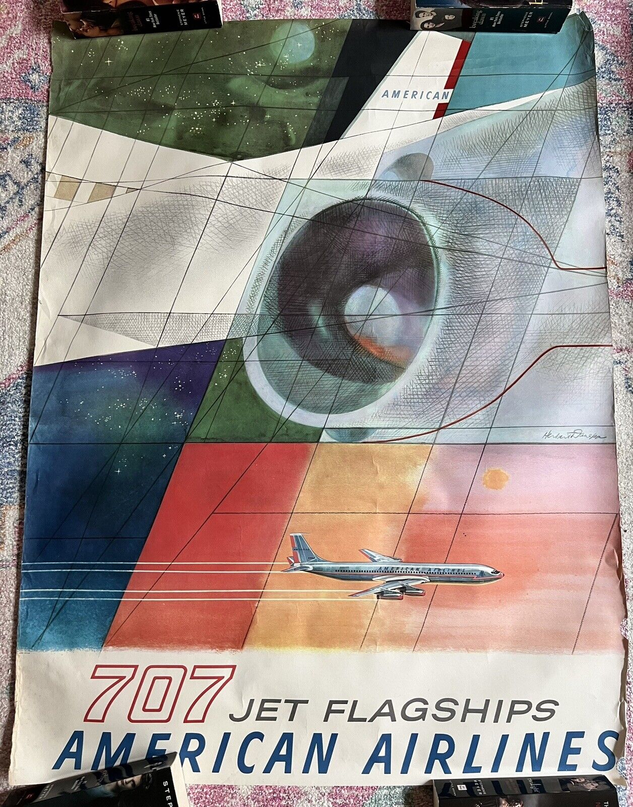 Vintage American Airlines 707 Aerojet Jet Airplane Adverting Travel Poster Old