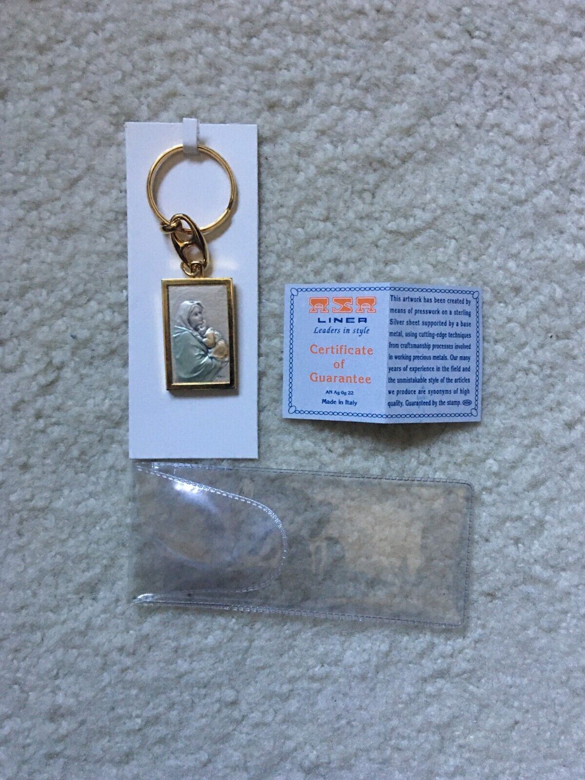 Vintage 1980s Virgin Mary Gold Plated on Silver Keychain Key Ring Hangtag Italy