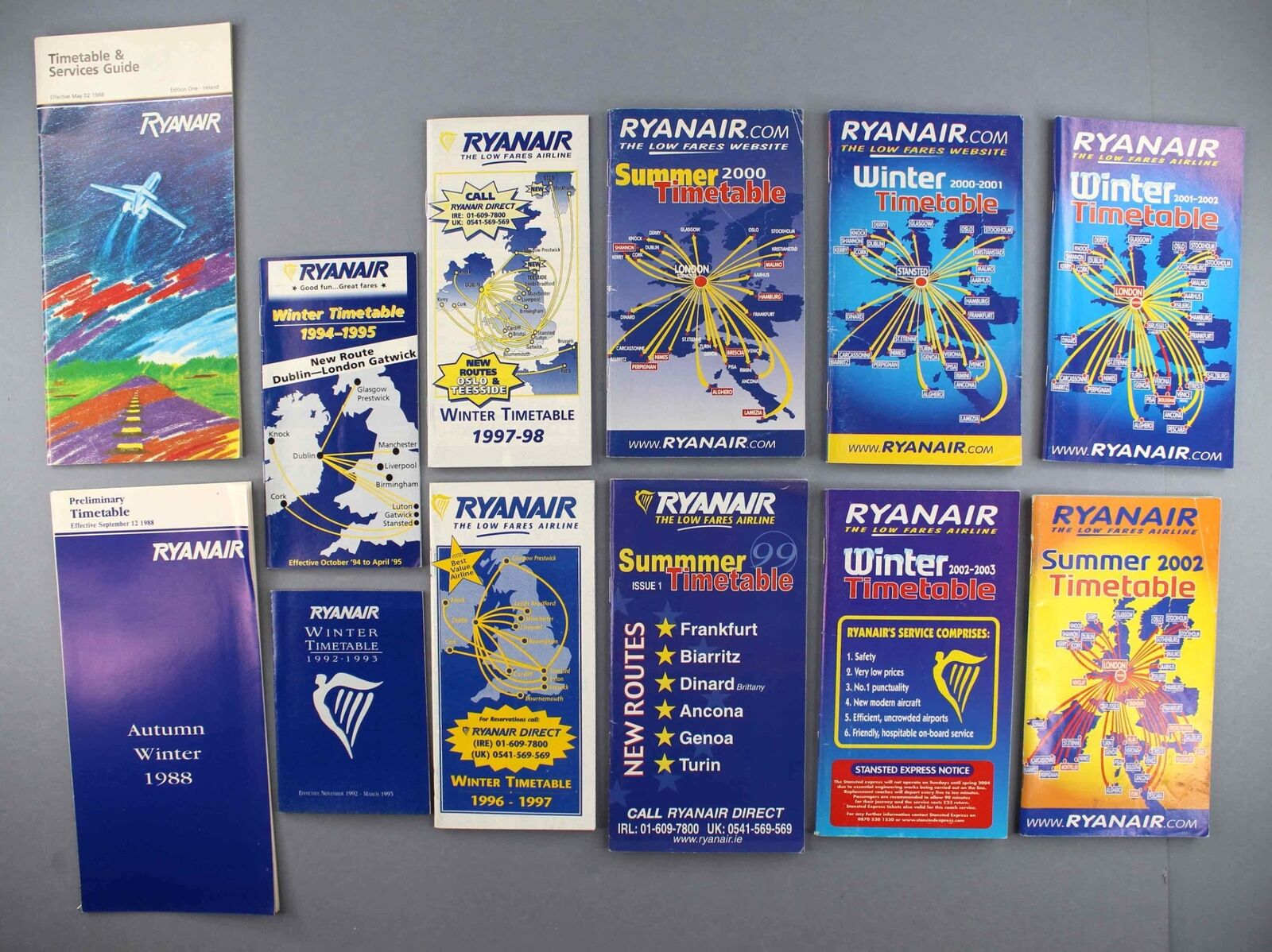 RYANAIR AIRLINE TIMETABLES X 12 - 1988 - 2003 IRELAND