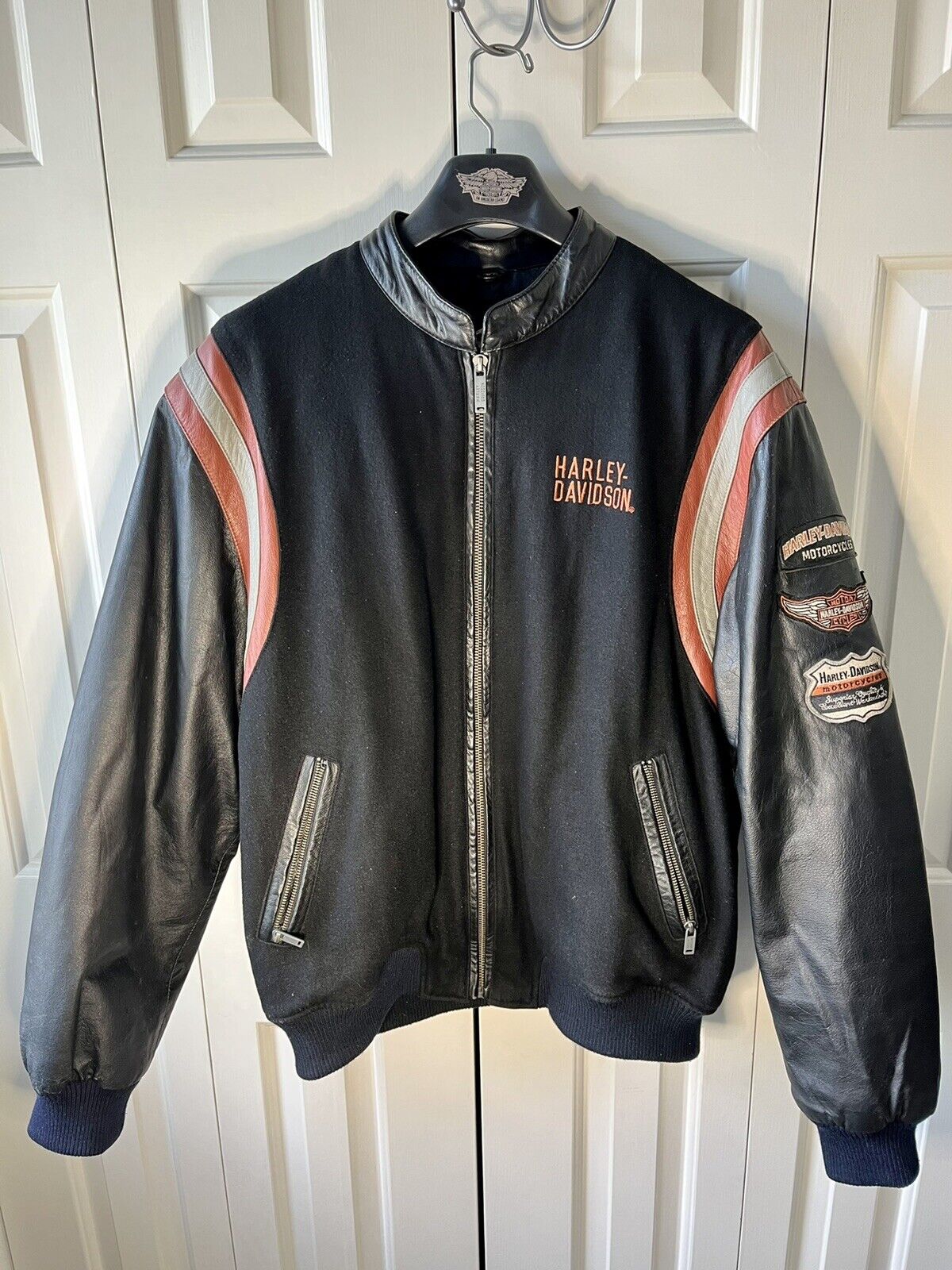 Harley Davidson Wool Leather Jacket Mens XL 103819 03402 LIVE TO RIDE Black Orng
