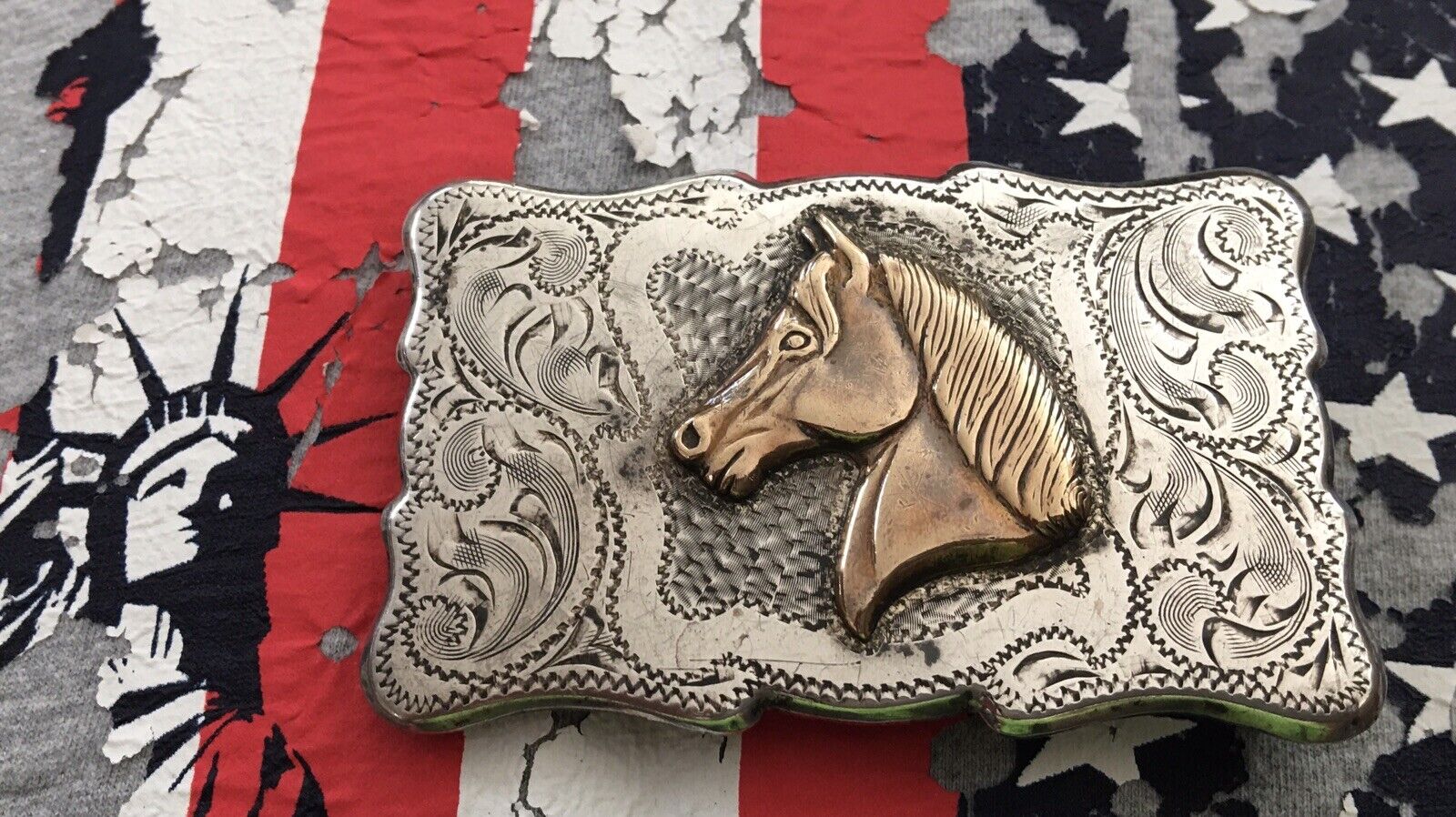 Rare Vintage Frontier USA Hand Engraved Sterling Silver Horse Head Belt Buckle