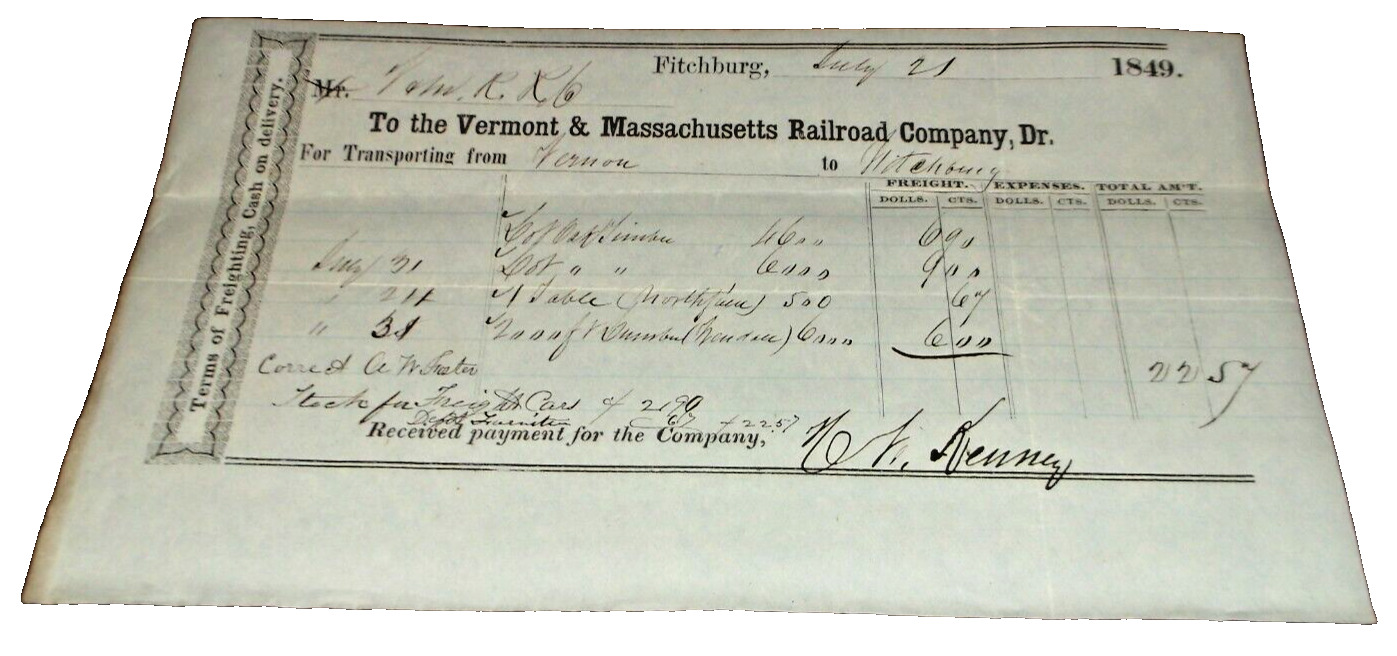 JULY 1849 VERMONT & MASSACHUSETTS B&M FREIGHT RECEIPT
