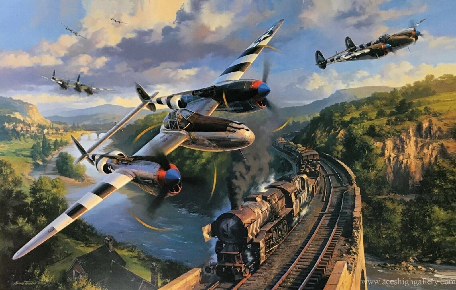Lightning Encounter by Nicolas Trudgian Signed by four D-Day P-38 Pilots