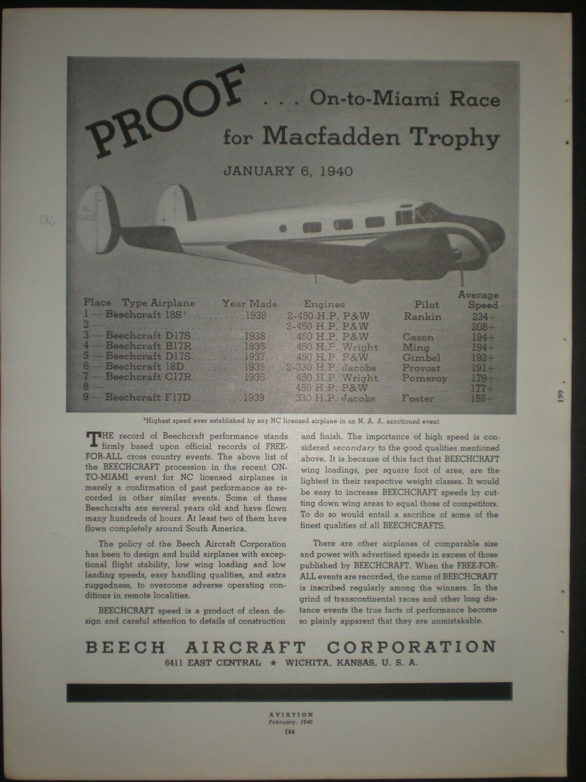 1940 BEECHCRAFT PLANE ON TO MIAMI FL RACE MACFADDEN TROPHY vtg Trade print ad