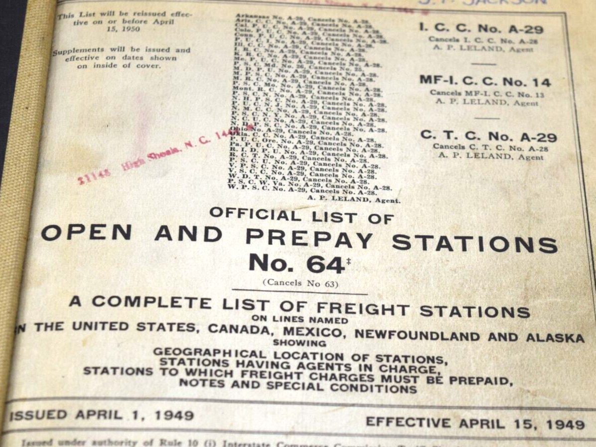 1949 Official List Open & Prepay Stations No 64 Freight Stations List Railroad