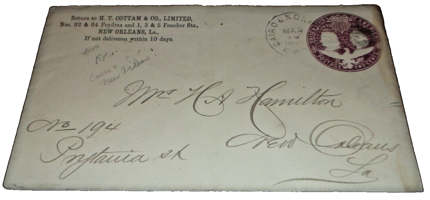MARCH 1894 ILLINOIS CENTRAL CAIRO & NEW ORLEANS RPO HANDLED ENVELOPE