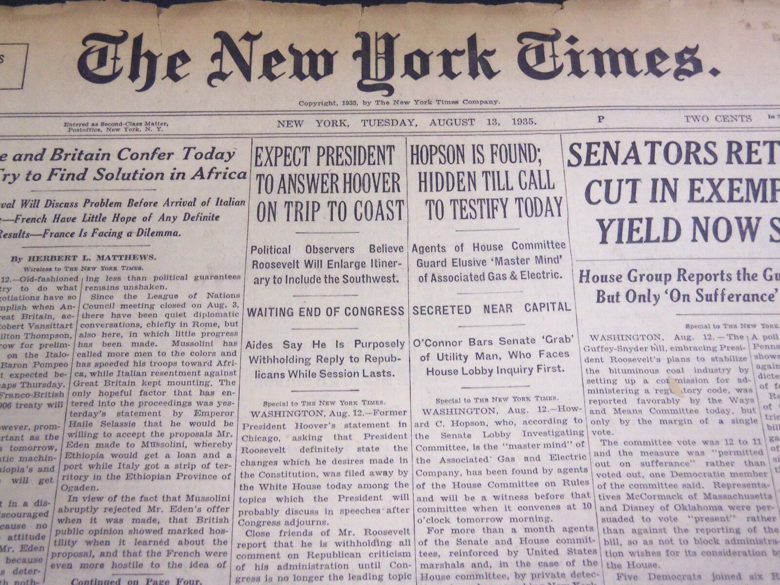 1935 AUGUST 13 NEW YORK TIMES - HOPSON IS FOUND, WILL TESTIFY TODAY - NT 4857