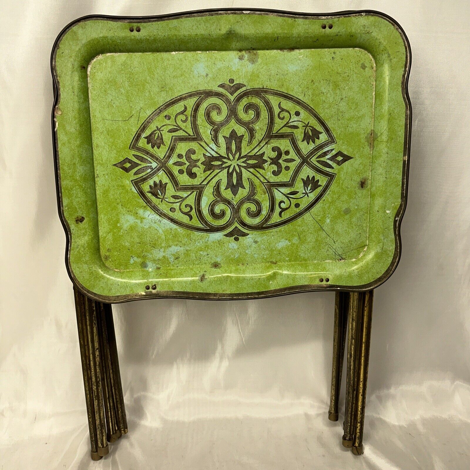 TV Trays MCM Green Folding metal Stands 60-70s Mid Century Set Of 3