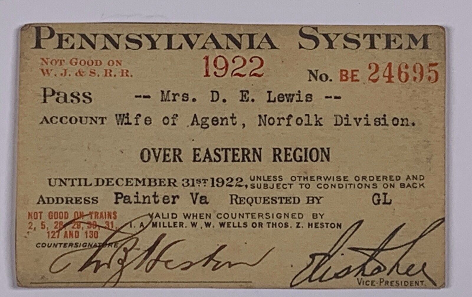 Railroad Pass Pennsylvania System 1922 BE 24695