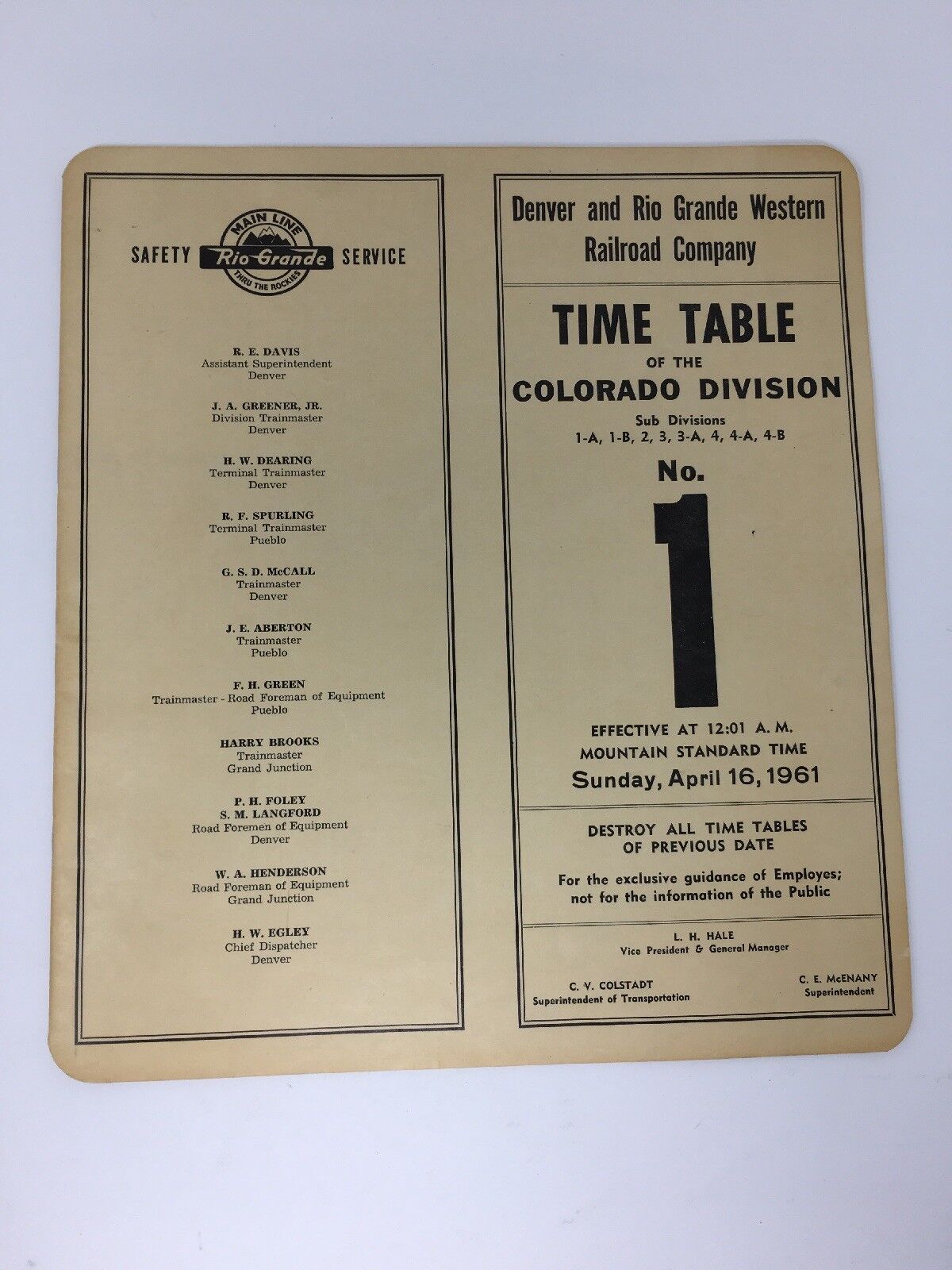 1961 Denver and Rio Grande Railroad Time Table Colorado No. 1 Employees Vintage