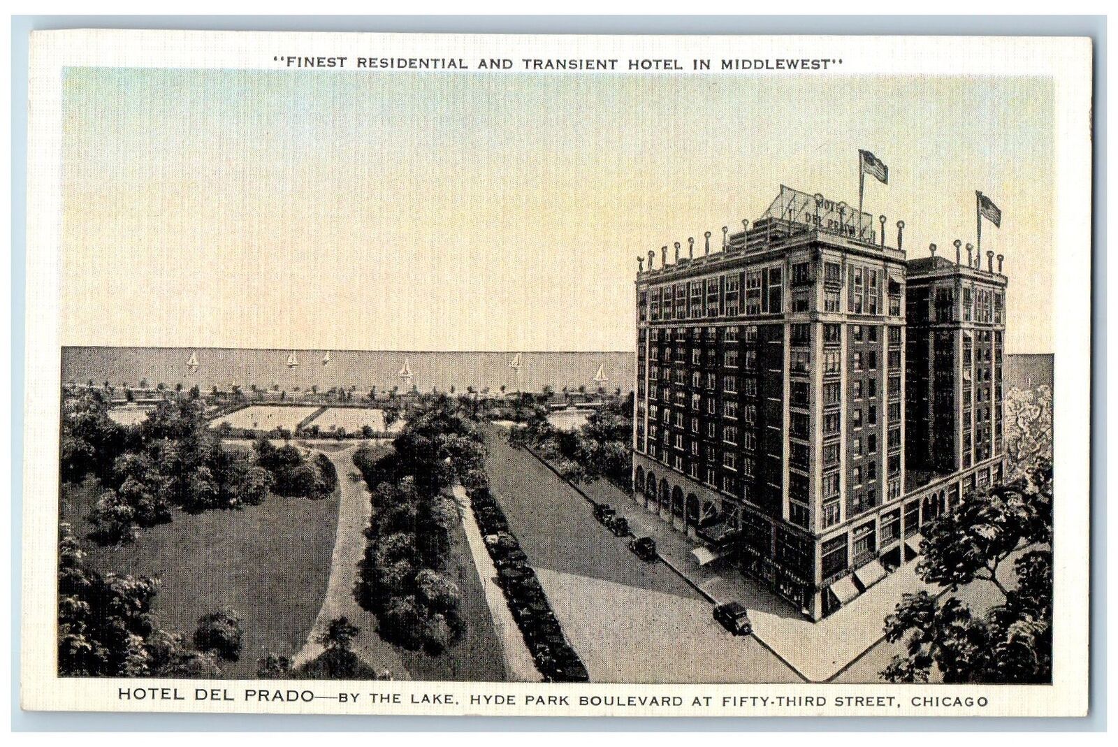 Chicago Illinois IL Postcard Bird\'s Eye View Of Hotel Del Prado Building c1940\'s