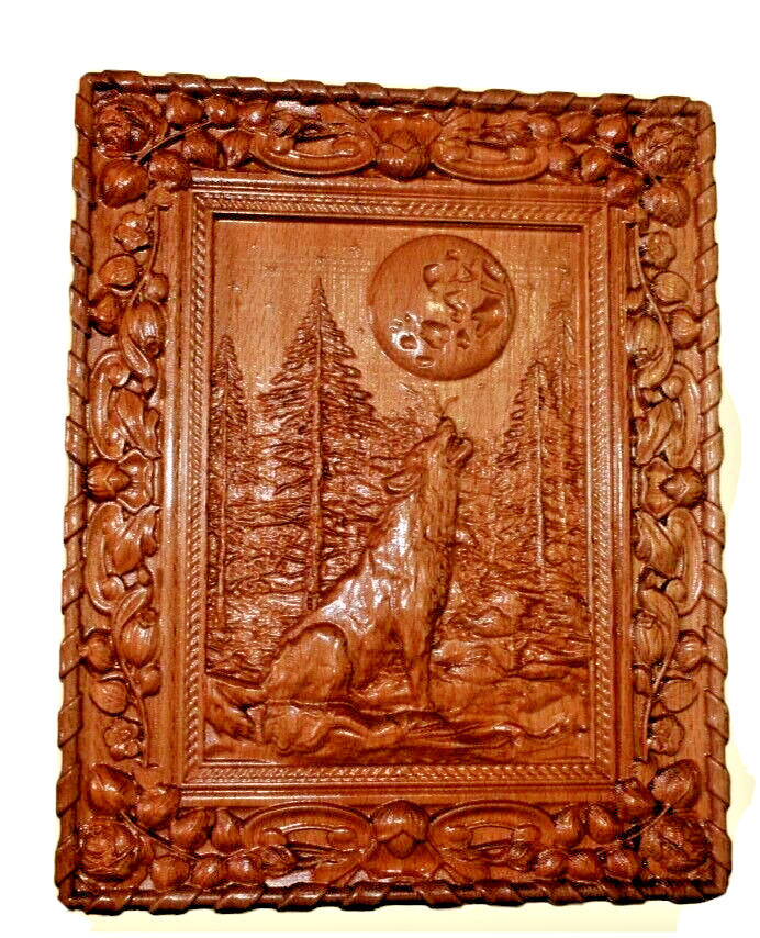  Wolf in the forest and the moon. Art Painting Wood Carving For Home Wall Decor