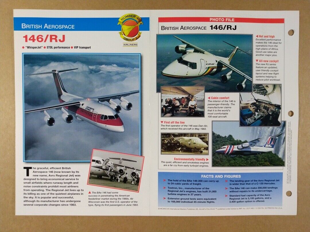 BRITISH AEROSPACE 146/RJ Airliner  specs photos 1997 info sheet