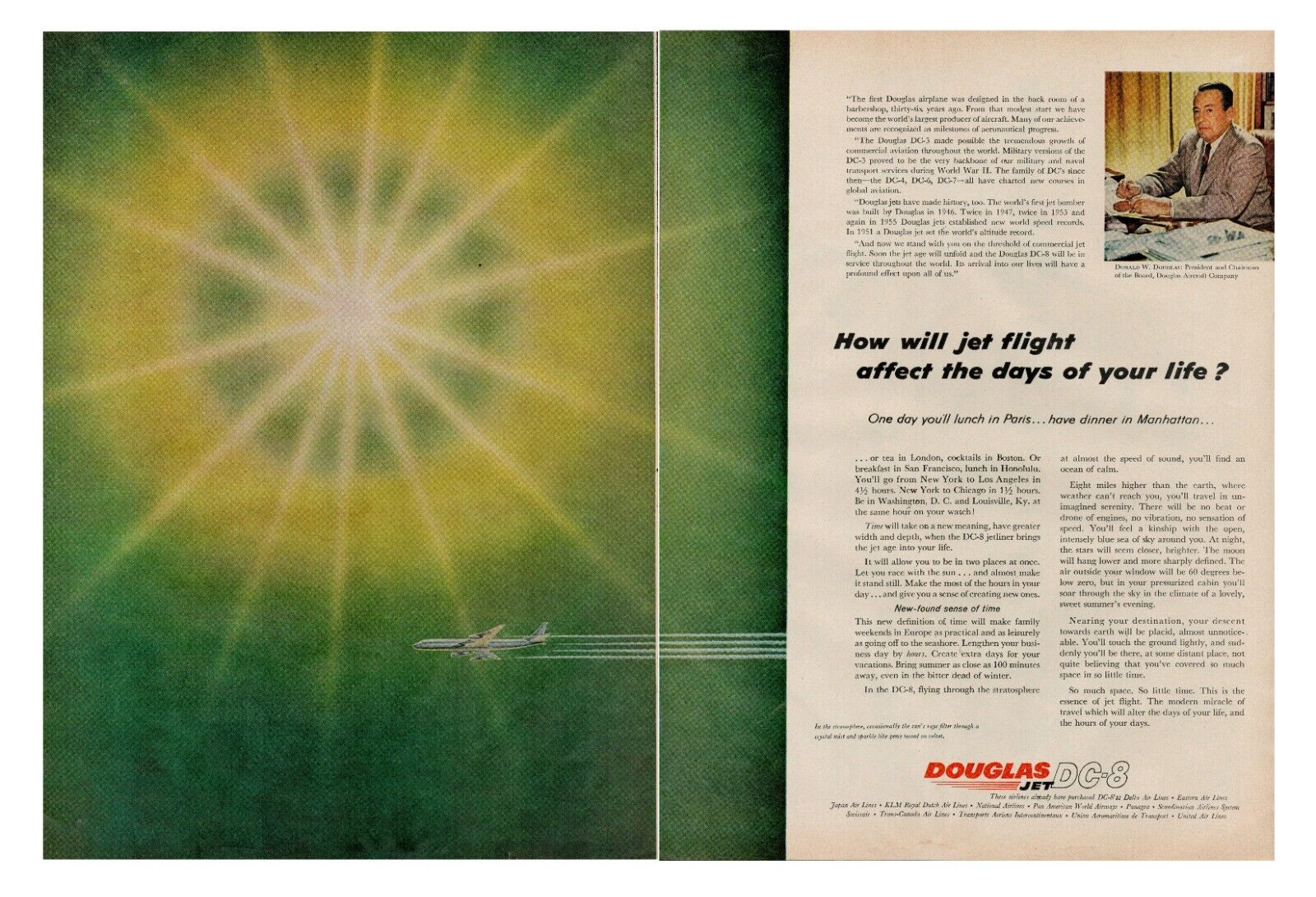 1957 Douglas DC-8 Jet Aircraft Airplane Vintage Print Ad Paris Manhattan Air