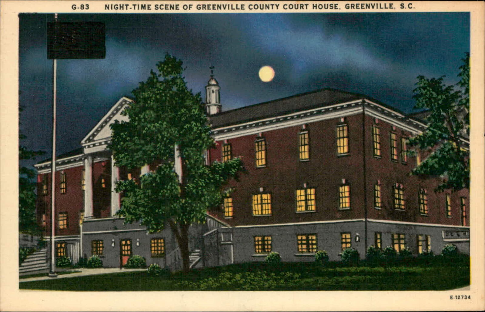 Postcard: G-83 NIGHT-TIME SCENE OF GREENVILLE COUNTY COURT HOUSE, GREE