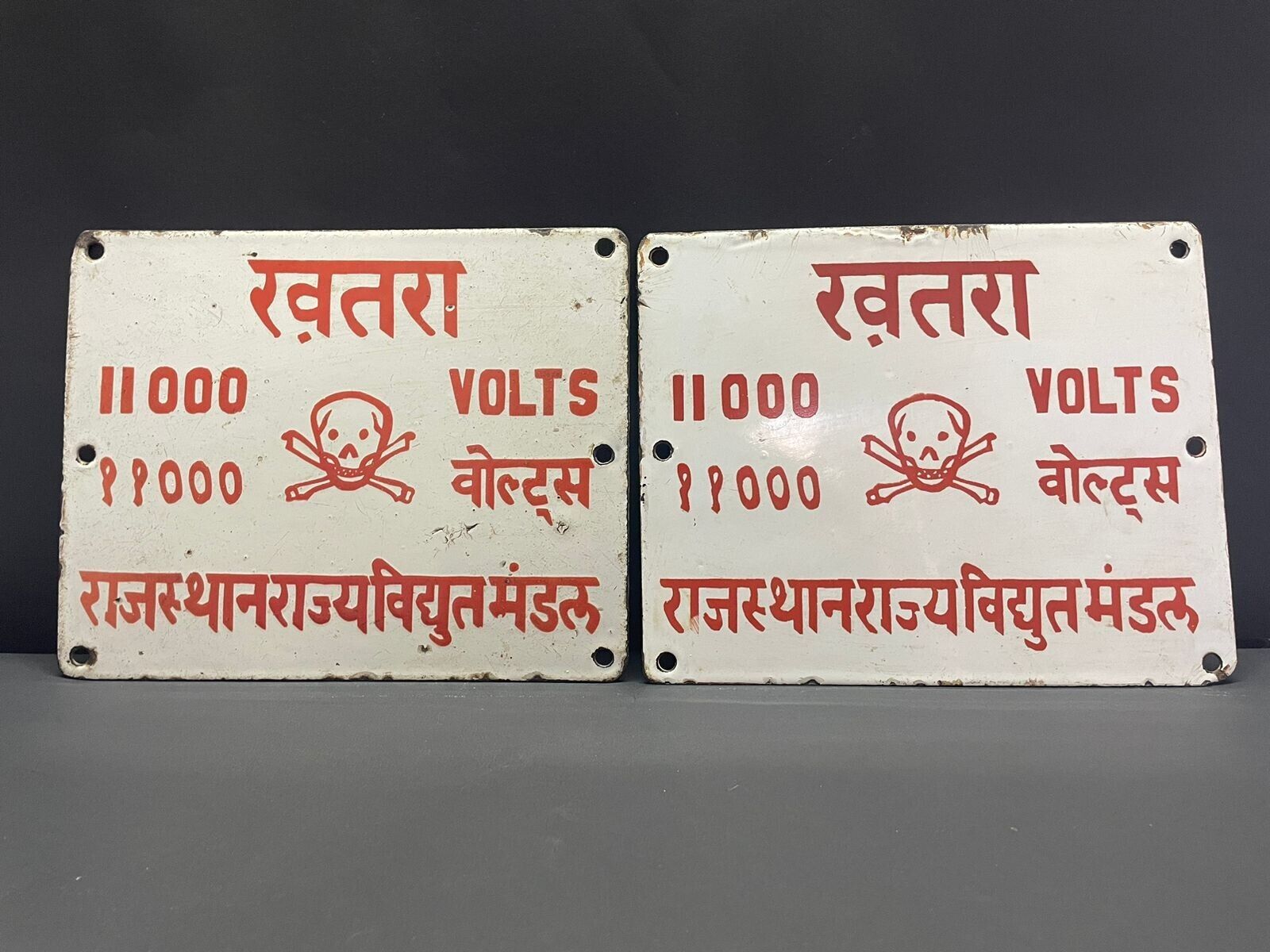 Old Vintage Rare Handmade 2 Pc Skull Danger Warning Porcelain Enamel Sign Board