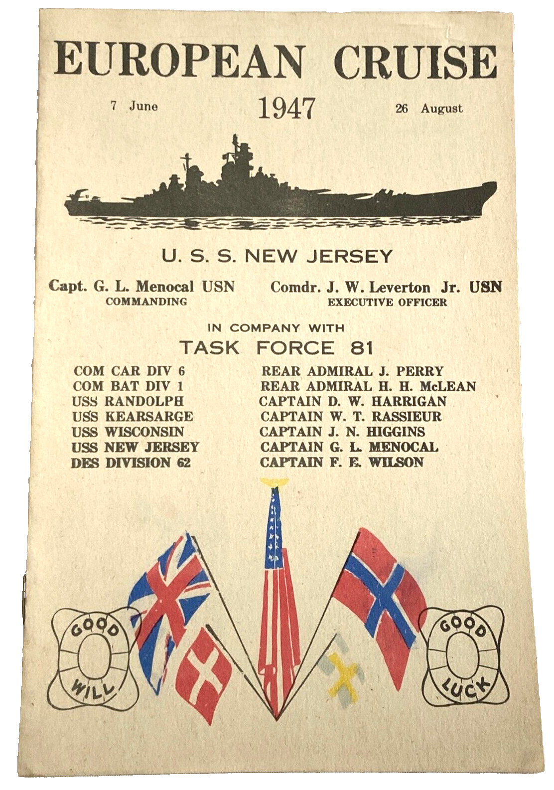 U.S.S. NEW JERSEY European Cruise 1947 LOG Printed Aboard US NAVY BATTLESHIP