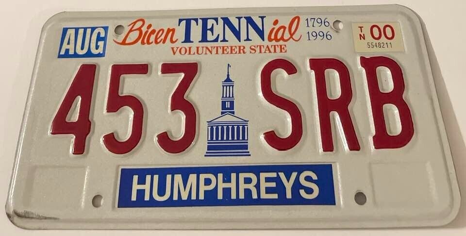 2000 Tennessee Bicentennial License Plate 453 SRB Humphreys County 