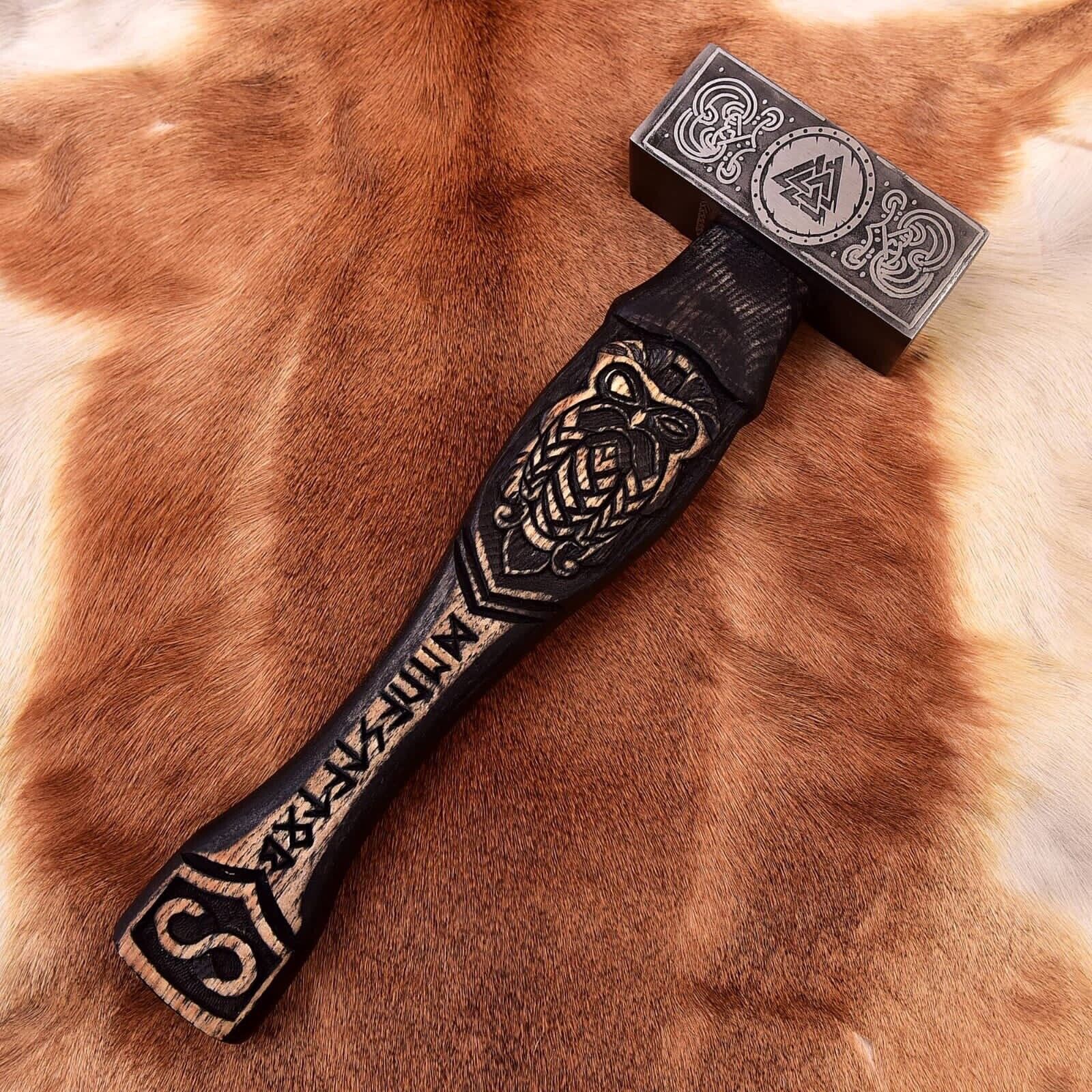 Handmade Forged Steel Viking Hammer  Engraved Owl