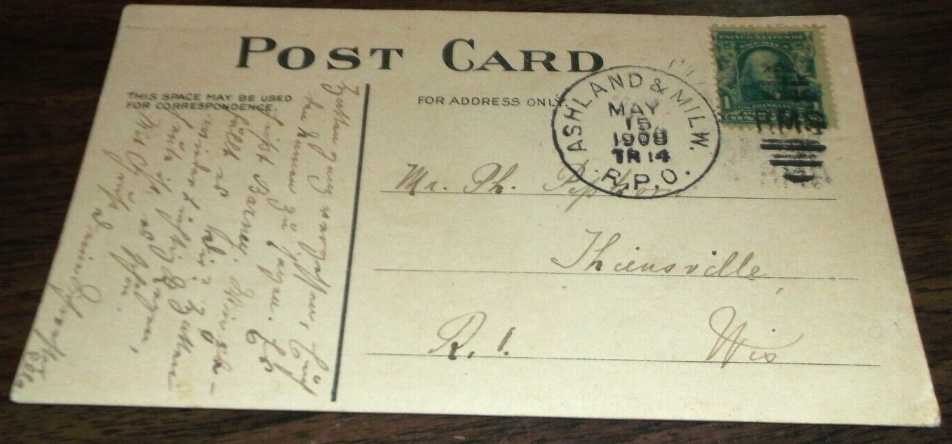 MAY 1908 C&NW TRAIN #14 ASHLAND & MILWAUKEE RPO HANDLED POST CARD