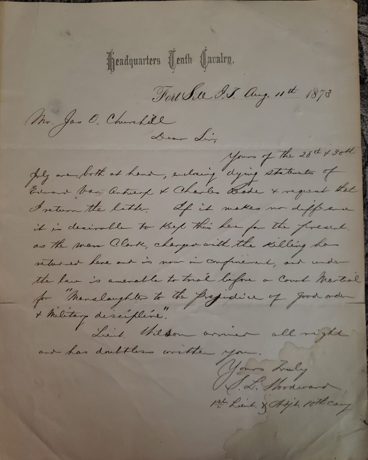 Buffalo Soldiers Letterhead 10th Cavalry Fort Sill Handwritten Letter 1873