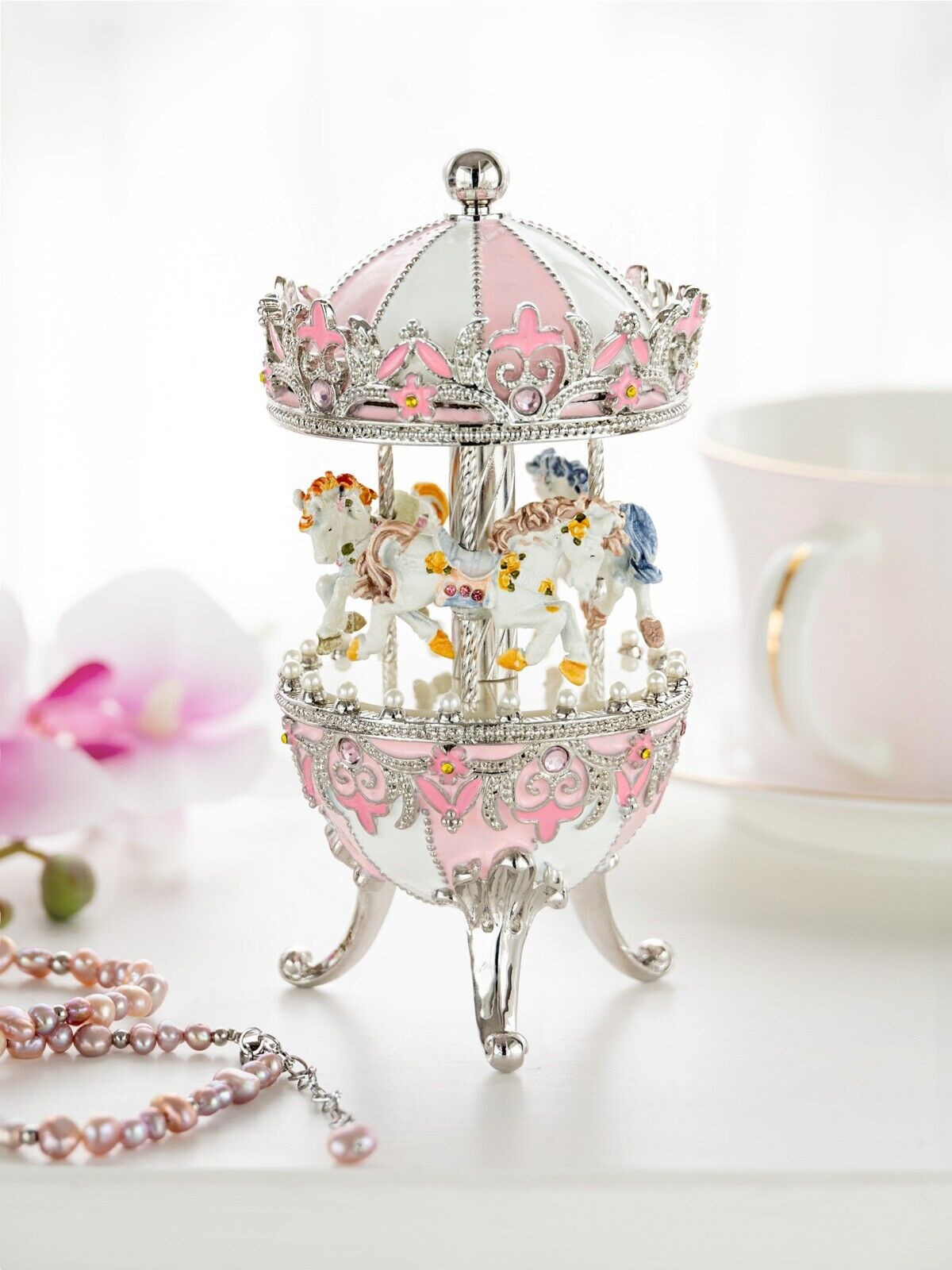 Keren Kopal Pink Wind up Horse Carousel Decorated with Austrian Crystals