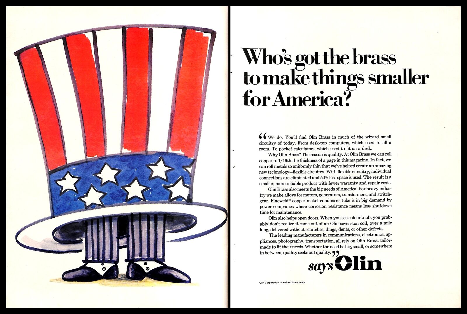 1977 Olin Brass Corporation Vintage PRINT AD Metals America Top Hat Art 70s