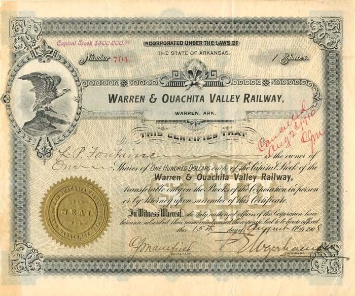 Warren and Ouachita Valley Railway signed by F.E. Weyerhauser - Autographed Stoc