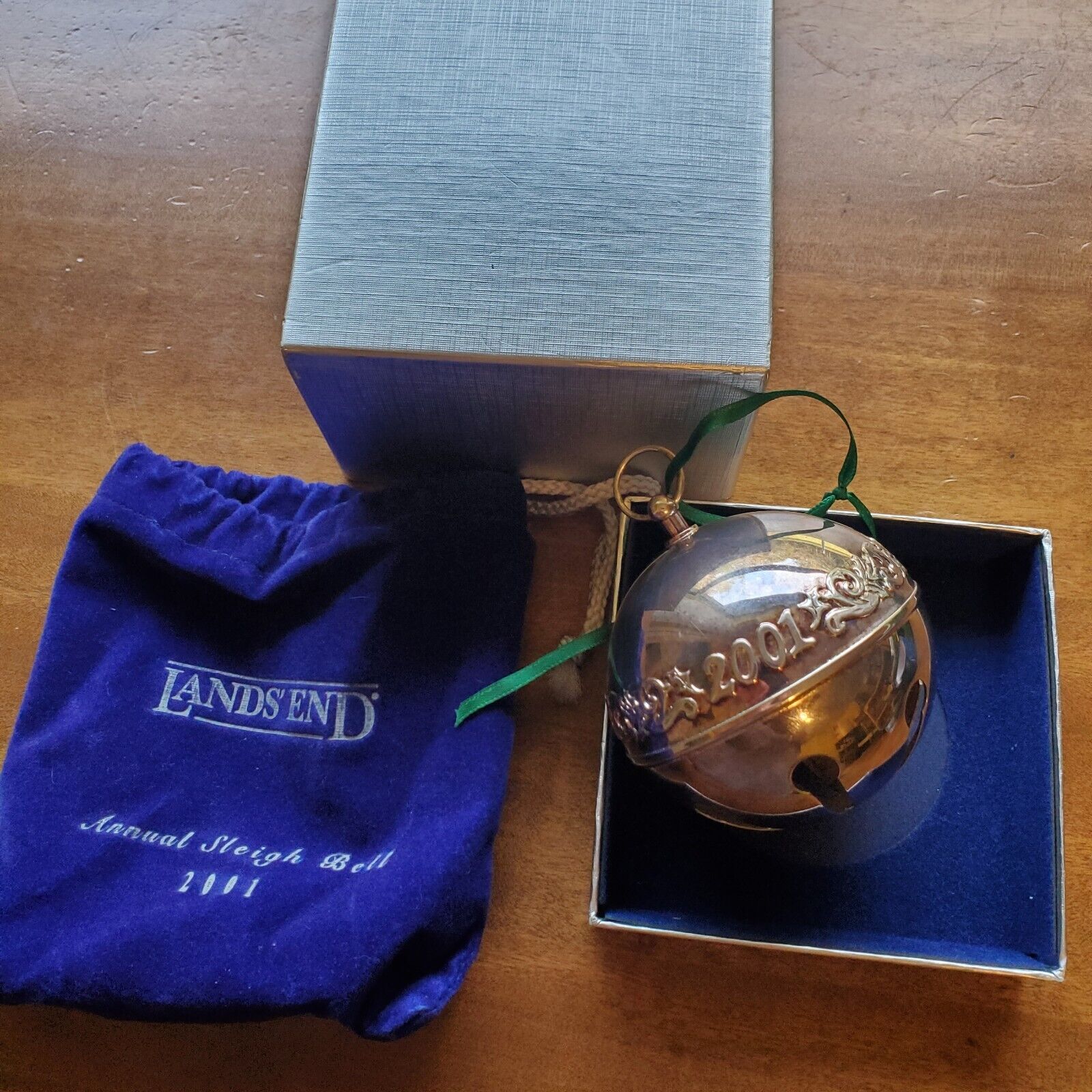 Lands End 2001 Silver-Plated Sleigh Bell Christmas Ornament Original Case Bag