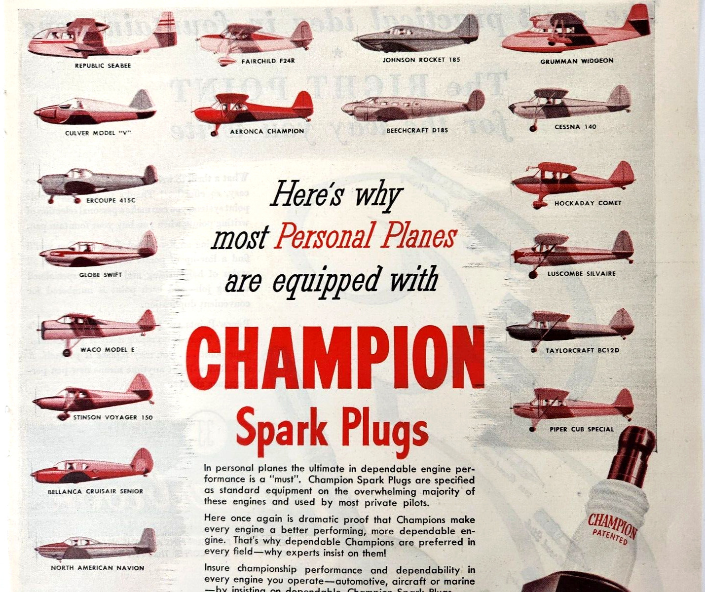 Airplanes Piper Cub Cessna Champion Spark Plugs 1951 Ad Magazine Print Planes