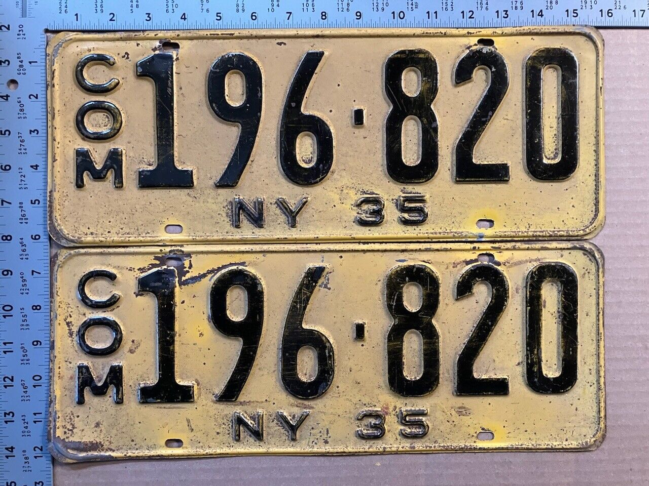 New York 1935 commercial license plate pair 196-820 vintage truck 2367