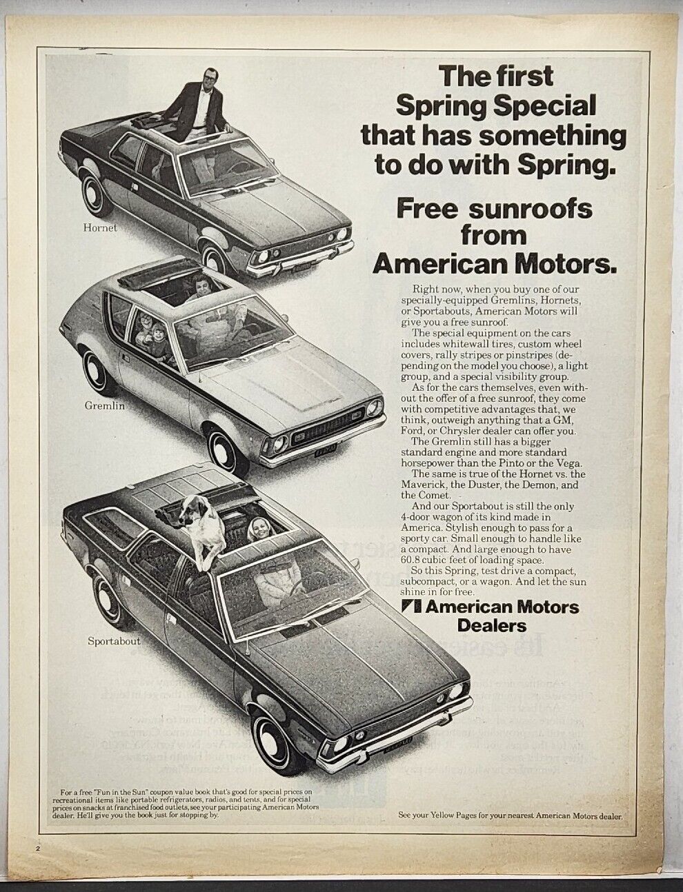 1971 American Motors Gremlin Hornet Sportabout Free Sunroofs Vintage Print Ad