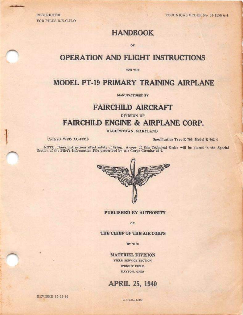 1940 AAC FAIRCHILD PT-19 CORNELL PRIMARY TRAINER PILOT FLIGHT MANUAL HANDBOOK-CD