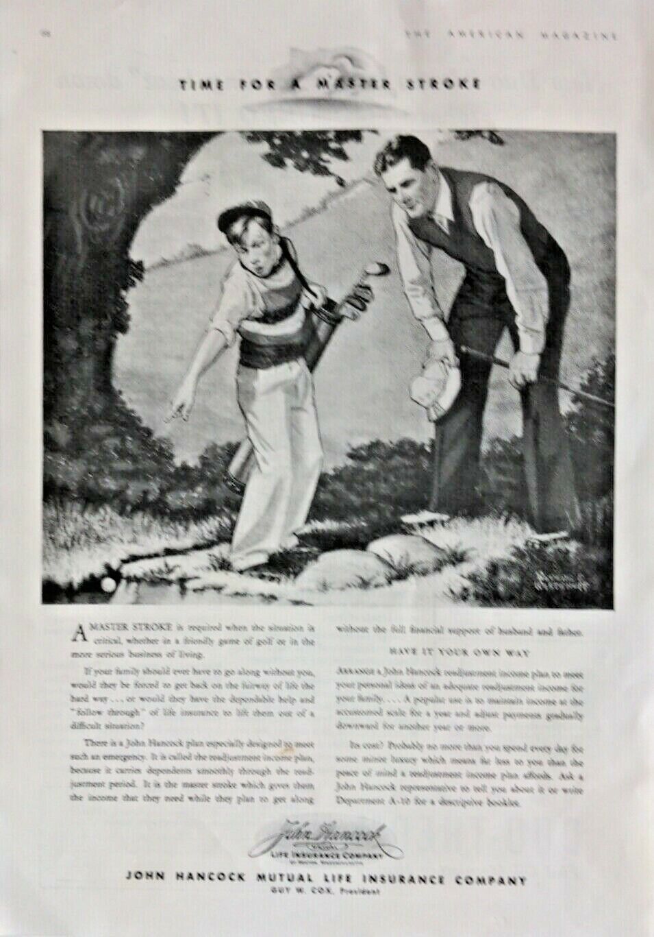 1939 John Hancock Mutual Life Insurance Company Father Son Golfing Print Ad