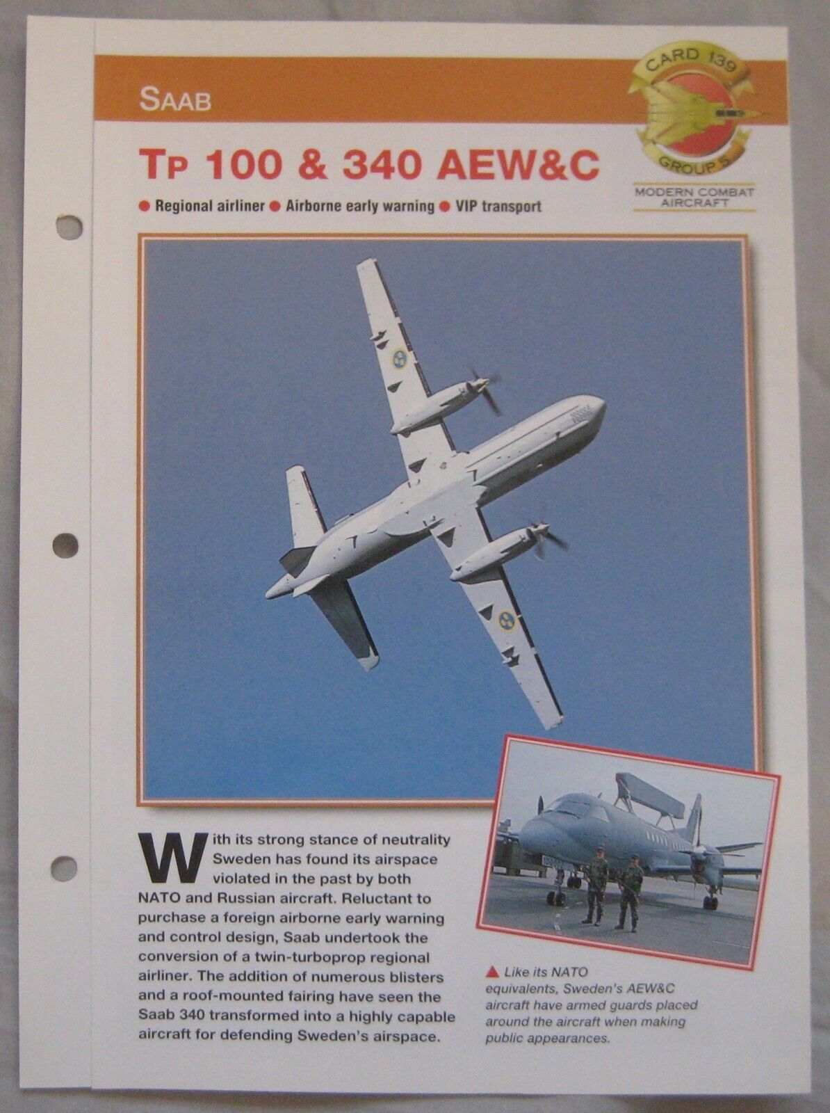 Aircraft of the World Card 139 , Group 5 - Saab Tp 100 & 340 AEW&C
