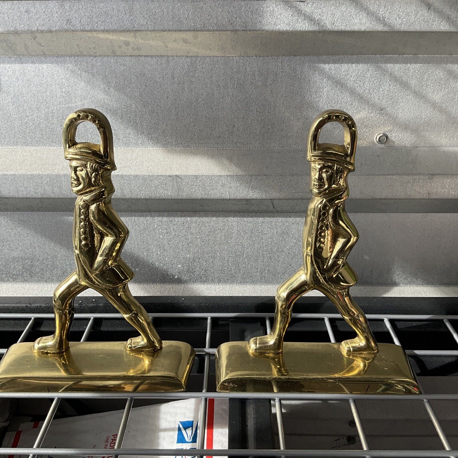 Vintage Brass Striding Man Door Stop Virginia Metalcrafters Book End Set Of Two