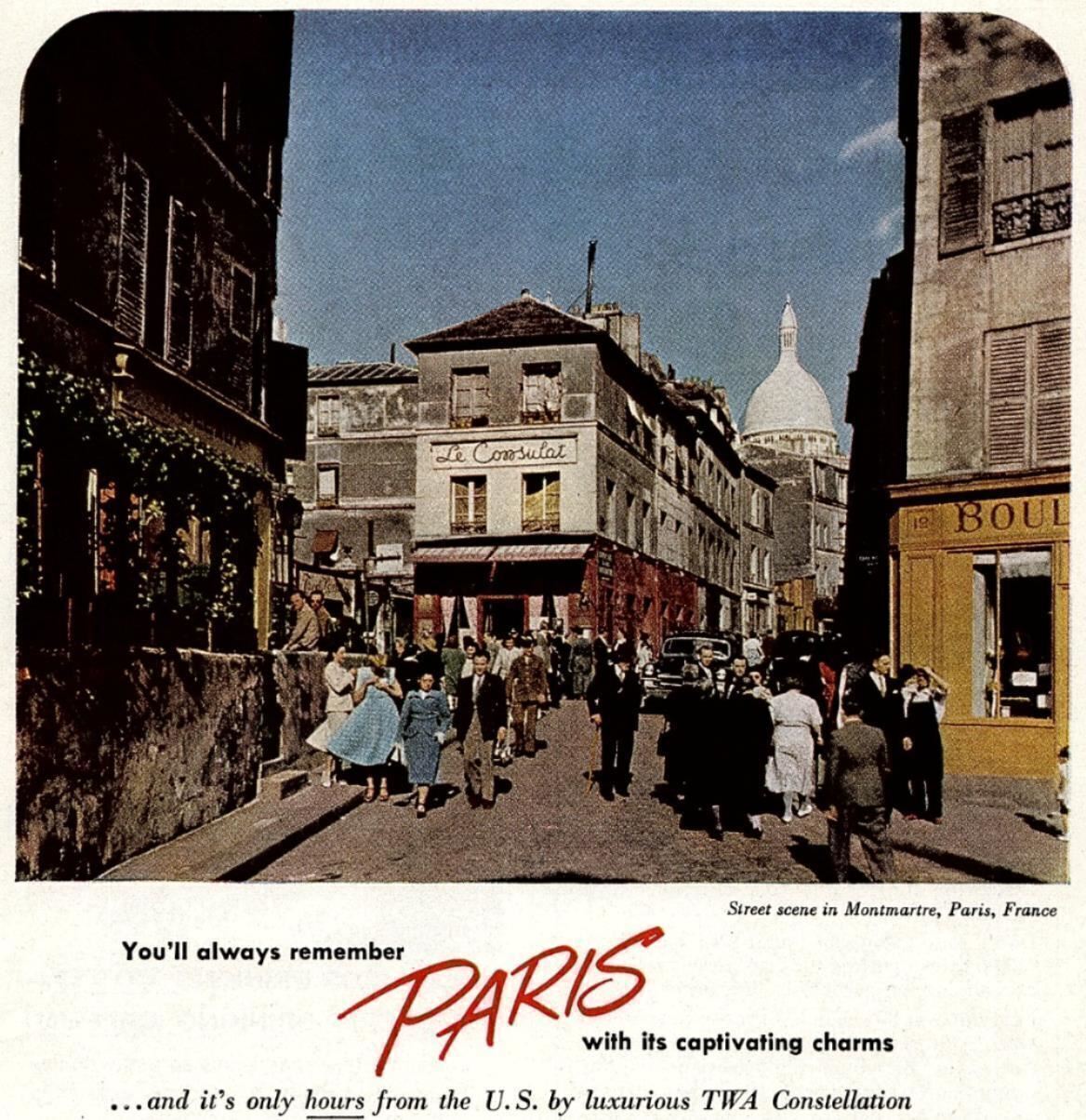 1950s TWA TRANS WORLD AIRLINES ALWAYS REMEMBER PARIS CHARMS MAGAZINE AD 27-31