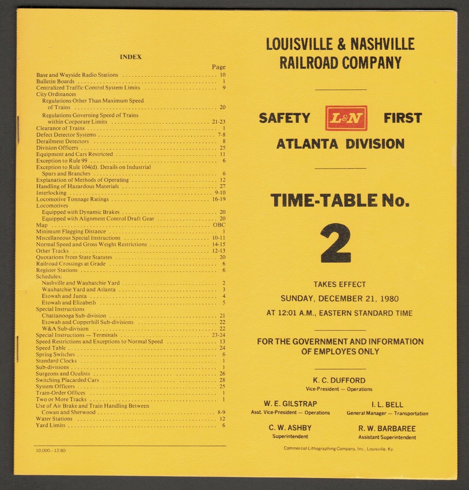 Louisville & Nashville L&N Railroad Atlanta Division 1980 Time-Table No. 2