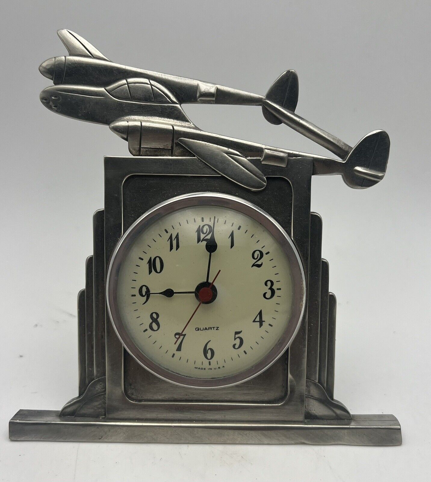 Vintage Metal Airplane Desk Clock Quartz Made In USA 