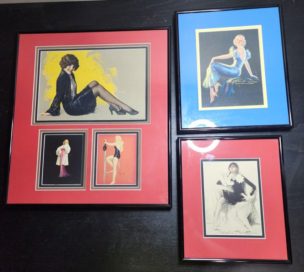 Three Framed Artworks 1930s FLAPPER PINUP GIRLS Real Lithographs BEAUTIFUL