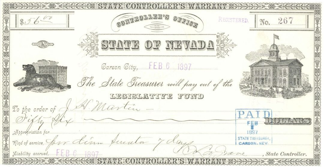 State of Nevada - 1897 dated State Controller\'s Office Warrent - Carson City, Ne