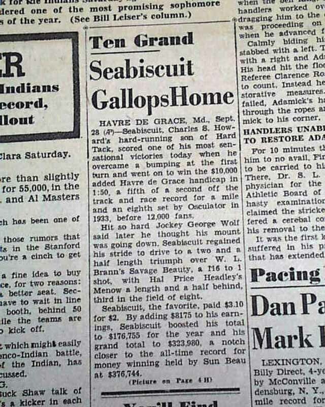 SEABISCUIT Havre de Grace Handicap HORSE RACING Victory Win 1938 Newspaper