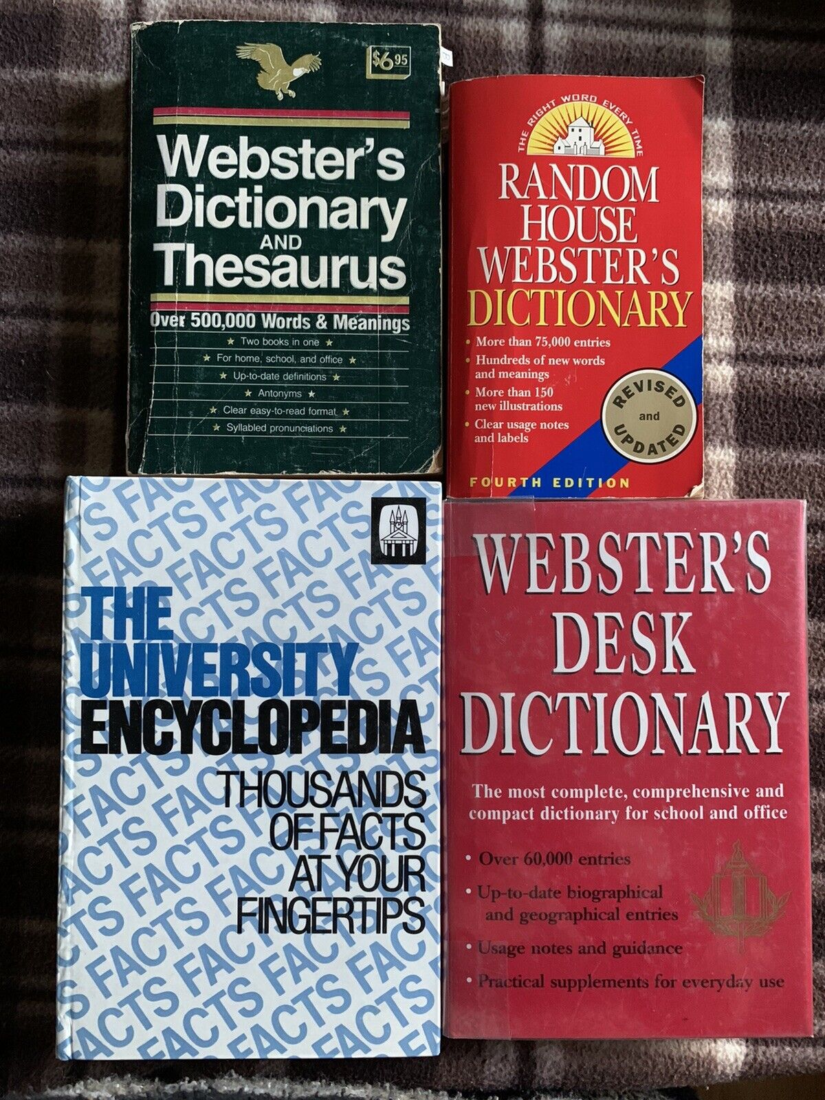 4 books Webster\'s Dictionary Thesaurus University Encyclopedia Word Meaning Lot