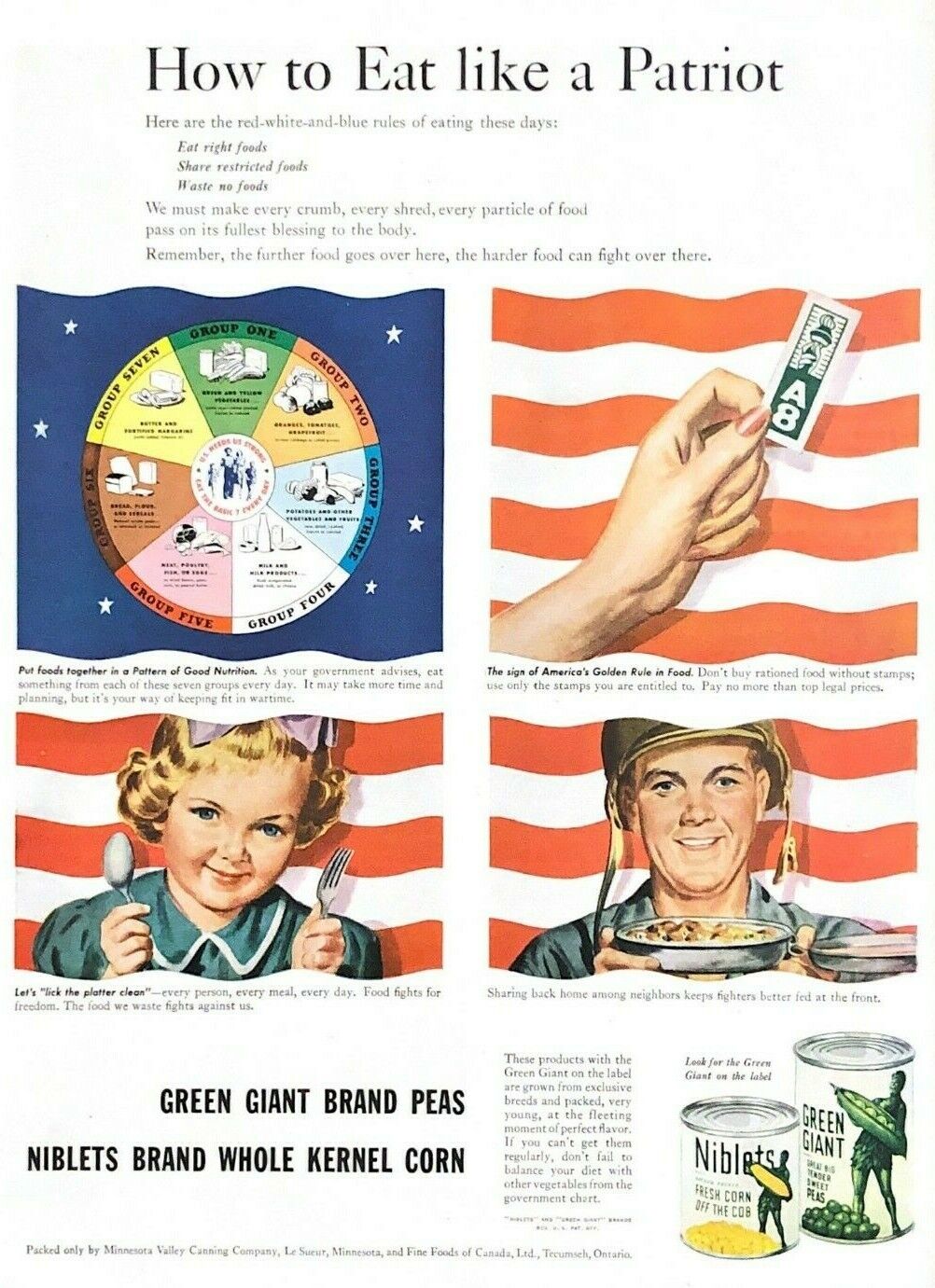 1944 Green Giant Peas Corn Vintage Print Ad WWII How To Eat Like A Patriot 