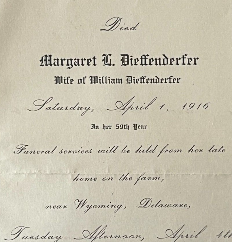 Wyoming Delaware Funeral Announcement Margaret Dieffenderfer William 1916