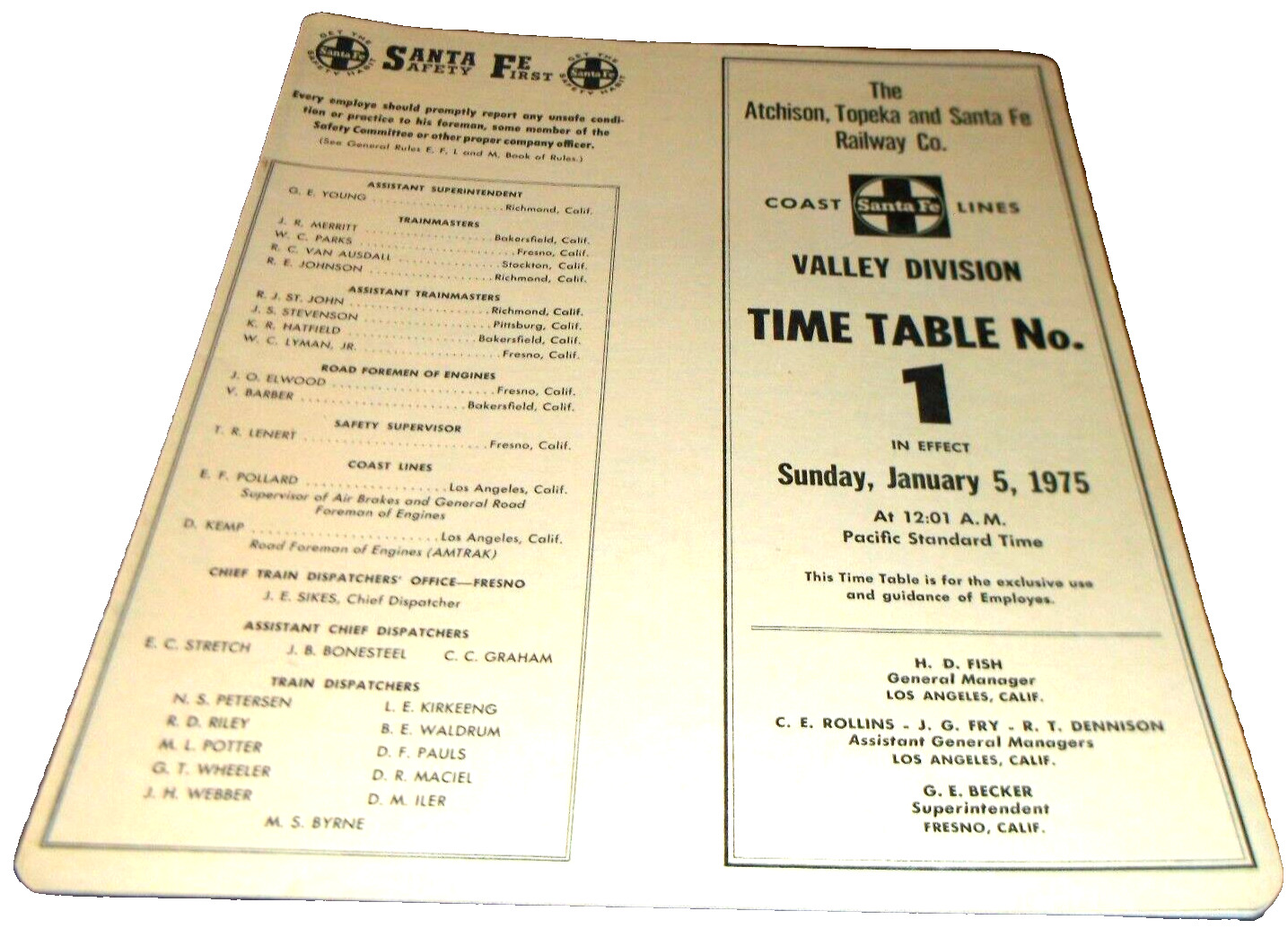 JANUARY 1975 ATSF SANTA FE VALLEY DIVISION EMPLOYEE TIMETABLE #1